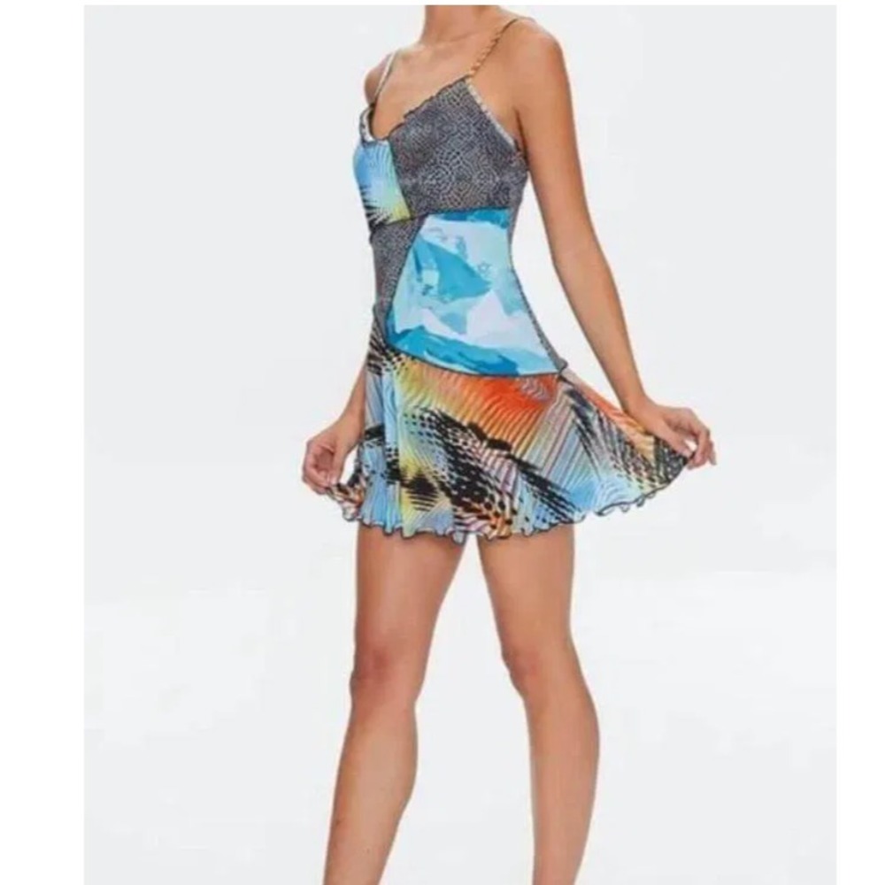 Forever 21 Patchwork Pattern Mini Party Dress, Sz Medium, Lightweight Colorful